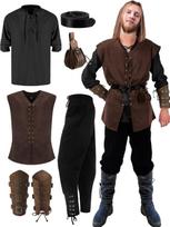 6 vnt. Vyrų Helovino Renesanso Kostiumų Rinkinys Viduramžių Liemenė Marškiniai Kelnės su Surišamu Kulnu Vikingų Diržas Apyrankė Maišelis L ruda