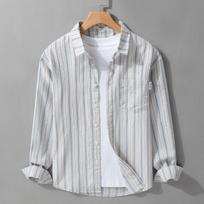 Japanese Fresh and Retro Men Long-sleeved Striped Shirt in Autumn New Style and Versatile Loose and Comfortable Jacket M