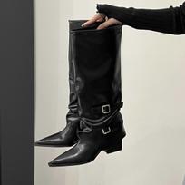High-Tube Long Boots Women's Faionable Retro Belted Pointed Toe Booties Spring Autumn PU Leather Cotton Lined Rubber 35