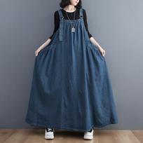 New spring, summer and autumn long dress retro loose and thin denim strap skirt long pendulum dress women's tide L