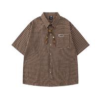 American retro streamer decorative plaid short-sleeved shirt summer new loose casual lapel shirt for men and women M black