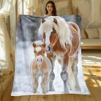 Horse and Foal in Snow Winter Animal Fleece Blanket Mother and Baby Horse Love Theme Soft Cozy Throw for Home Bedroom Decor Size: 75*100cm, Weight: 230 GSM