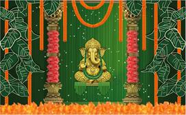 S2S Ganesha Background Decoration Traditional Cloth | Backdrop Curtain Cloth for Pooja | Puja Curtains Decoration 8 Feet Height & 5 Feet Width red