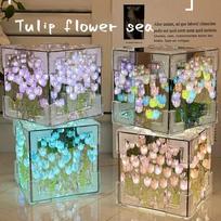 1Pc DIY Creative Tulip Flower Sea Cube 3D Night Light Handmade Craft Tulips Bedroom Lamp Girlfriend Couple Birthday Gift white
