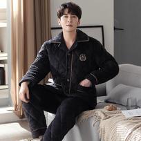 Pajamas Men'S Winter Three-Layer Thickened Fleece Thermal Jacket Autumn And Winter Coral Fleece Winter Loungewear Set L black