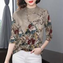 Women's Fleece-Lined Slimming Top: Half-High Collar, Printed, Long-Sleeve, Age-Reducing, Ideal for Middle-Aged Mothers. XL