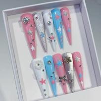 Exaggerated Heart Diamond Press-on Nails: Pure Handmade, Long Pointed Style S: Short pink