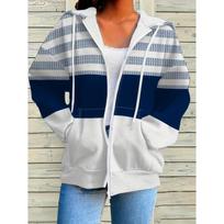 Stylish Navy White Stripe Panel Women's Zip Hoodie XL blue