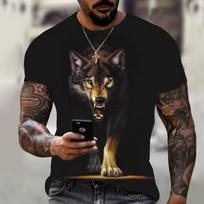 Animal Wolf Print T Shirt for Men Summer Polyester Round Neck Loose Short Sleeve Streetwear Oversized T-shirts Casual Tops Tees S black