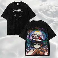OMORI Washed T-shirt Anime Lover personality Clothes Oversized Unisex Couples Print TShirt for Men Women Washed Retro Fashion S black