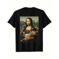 Men's & Funny Mona Lisa with Orange Cat T-Shirt - Leonardo Da Vinci Retro Graphic Tee, Humorous Pop Culture Short Sleeve Shirt, H-Fit for S juoda