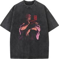 Two-sided Sukuna Print Clothing Jujutsu Kaisen Anime Cotton T-shirt Unisex Loose Retro Washed Trendy T-shirt S