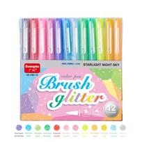 GuangNa 12 Colors Glitter Brush Marker Pens,Pastel Highlighter Set for Journaling Drawing Scrapbooking Card Making Art Supplies