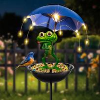 Solar-Powered Frog Statue Street Light with Bird Feeder and LED Lights blue