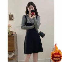Fleece-Lined Elegant Two-Piece Patchwork Long Sleeve Winter Midi Dress for Plus Size Women M for 40-50kg gray