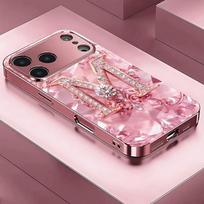 Rožinis deimantas raidės M raštas Metalinis grūdintas stiklas Telefono dėklas iPhone 17 Pro Max 11 12 13 14 15 16 Pro Plus 17 Air Dangtelis iPhone 16 Pro Max pink