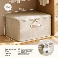 Ziranwu Tianshan Cotton Linen Storage Box with Lock for Wardrobe, Clothes, Quilts, And Duvet, Organizer Storage Container, Beige - Extra Large Size