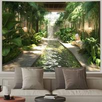 Tropical Jungle Waterfall Tapestry - Lush Green Garden Stream Wall Hanging for Relaxing Home Decor 100X70CM