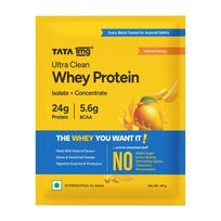 Tata 1mg Ultra Clean Whey Protein Isolate + Concentrate - Natural Mango 36g | 24g Protein, 5.6g BCAA & 30B CFU Probiotics-1 Sachet