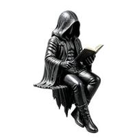Grim Reaper Sculpture Gothic Dark Fantasy Figure, Reading Hooded Statue, Resin Skeleton Statue Halloween Sitting Figurine for Bookshelf Home Decor A black