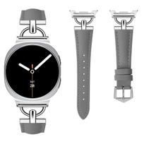 Leather strap for Samsung Watch 8 (40/44/Classic) with metal accents and slim waist design pilka spalva