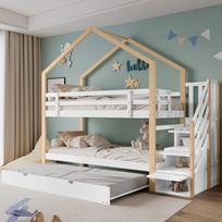 Bunk Bed, Extendable Treehouse, Staircase with 3 Drawers, Fall Protection, Guard Rail, Slatted Frames, Natural+White (90x200cm&90x190cm) [30813567NAA] 255 x 95.5 x 223.5 cm