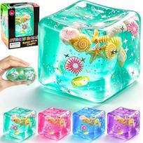 Ocean Theme Square Stress Ball Fidget Toy Transparent Crystal Slime Sensory Toy Cute Seashells Glitter Stress Relief Toy for Kids Adults 1pcs (with color box)