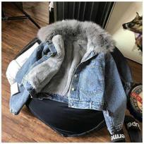 Fleece thickened jacket women's new large size winter wear loose short fur collar denim jacket women M recommends 80-50kg gray