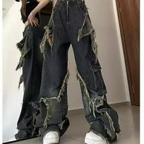 2023 High-Waist Dark Retro Star Design Wide-Leg Jeans M