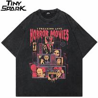 Hip Hop  Retro Washed Black TShirt Streetwear Horror Movie Freak Ghost Graphic T Shirt Cotton Unisex Tshirt Men Tops Tees S