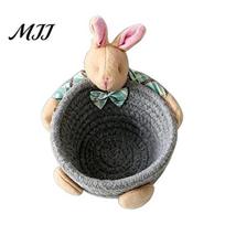 Tiered Desktop Storage Solution Basket, Cartoon Plush Bear And Rabbit Rope Gentle Color Basket Shape, Woven Organizer for Small Items Jewelry Keys S B beige