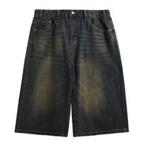 Hong Kong style retro old men's loose wide-leg denim shorts trendy brand summer style nostalgic color loose shorts S