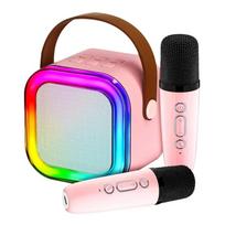 Karaoke kolonėlė su mikrofonais (Bluetooth, LED apšvietimas) - rožinė