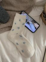 Retro Floral Wool Mid-Tube Socks - Thickened Warm Korean Style for Autumn & Winter One Size
