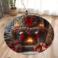 Christmas Living Room Decoration Christmas · Retro Fireplace Round Carpet Bedroom Carpet Home Floor Mat Washable Leisure Carpet 40x40cm gray
