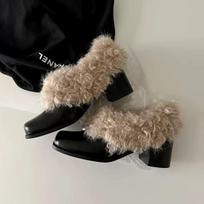 Square head one pedal retro velvet warm Mary Jane small leather shoes thick heel single shoes fluffy shoes 35