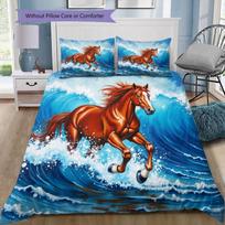 Brown Running Horse Ocean Wave Print Duvet Cover Set 3 Pieces Equine Animal Bedding Set Bedroom Home Decor Bedding Without Pillow Core Comforter 135x200cm blue