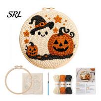 Relaxing Handiwork for Fall Nights Halloween Punch Needle Kit, Pumpkin Ghost Craft Kit with Beginner Friendly Embroidery Hoop, Easy Art Project A black