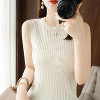 Crew Neck Knitted Sling Vest Women's Thin Pullover Top Summer New Solid Color Sleeveless Inner Base S smėlis