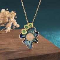 Meier Jewelry cold enamel lotus seed pod and leaf natural chalcedony agate necklace for women beige