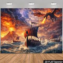 2D Volcano Dragon Viking Ocean Backdrop for Photoshoot 59x51.1inch/150*130cm brown