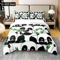 Kids Black Printed Cartoon Panda Beddings Cute Animal Pattern Teens Bedlinings 1 Duvet Cover Sets and 2 Pillowcases Full Size 135x200cm white