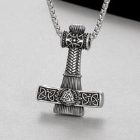Domineering Sweater Chain Accessories Retro Blackened Oil Viking Thor's Hammer Men's Pendant 60CM gray