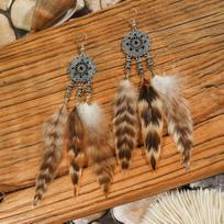 Retro Earrings, Handmade Feather Earrings, Long Fringed Earrings. beige