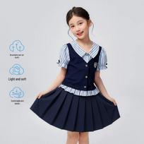 Kids' Korean Retro Stripe Two-Piece Set: Short Sleeve Top & Pleated Skirt 130 cm