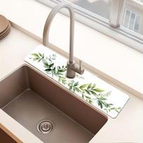 1Pcs Modern Green Leaf Design Sink Faucet Absorbent Mat, Drainage Pad, Kitchen Bathroom Sink, Countertop Drain Pad 10*38cm gray