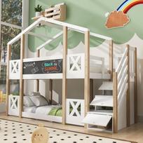 (=458234AAW) Bunk Bed 90 x 200 cm, Children's Treehouse with Stairs, Storage and Fall Protection, Loft Bed – 2x Slatted Frame - Natural & White 256 x 96 x 205 cm