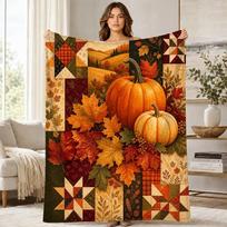 Autumn Pumpkin Patchwork Coral Fleece Blanket Fall Harvest Decor 75cm*90cm