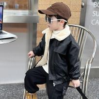 Boys' Fleece-Lined, Thickened Leather Jacket—Stylish Fall/Winter Jacket for Kids 100 black