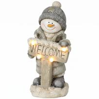 Kalėdinė sniego senio statulėlė su LED apšvietimu ir „Welcome“ lentele, pilka, balta ir juoda, 23 × 20 × 46 cm